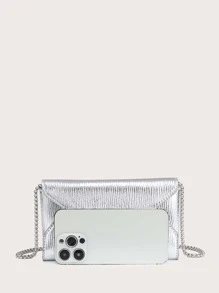 Mini Textured Flap Chain Envelope Bag Envelop Mini Crossbody Bag, PU Leather Solid Color Shoulder Bag, Perfect Sling Bag For Daily Use - Bạc - Xem 3