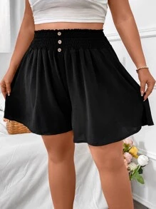 Calvaya Plus Shirred Waist Button Detail Wide Leg Shorts - Black - View 6