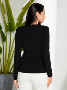 Modelyn Rhinestone Shoulder Wrap Belted Blouse - Black - View 2