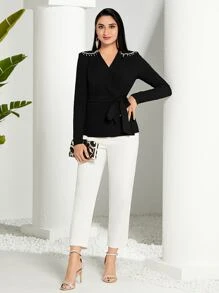 Modelyn Rhinestone Shoulder Wrap Belted Blouse - Black - View 3
