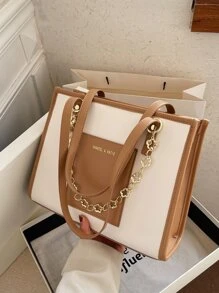 Geantă de umăr cu decor cu lanț cu imprimare cu litere - Kaki - Vizualizare 1