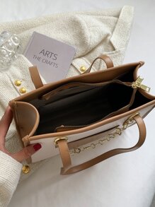 Geantă de umăr cu decor cu lanț cu imprimare cu litere - Kaki - Vizualizare 7