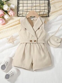 SHEIN 小女童翻蓋細節背心和短褲 - 卡其色 - 查看 1