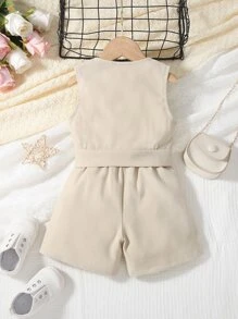 SHEIN 小女童翻蓋細節背心和短褲 - 卡其色 - 查看 2