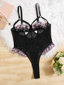 大碼花卉刺繡網紗鏤空褶邊性感緊身連體衣 - 黑色 - 查看 1
