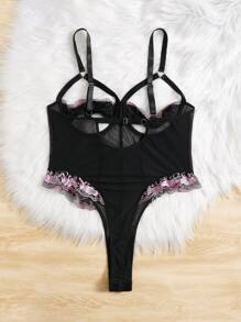 大碼花卉刺繡網紗鏤空褶邊性感緊身連體衣 - 黑色 - 查看 2