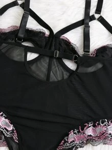 大碼花卉刺繡網紗鏤空褶邊性感緊身連體衣 - 黑色 - 查看 3