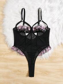 大碼花卉刺繡網紗鏤空褶邊性感緊身連體衣 - 黑色 - 查看 5