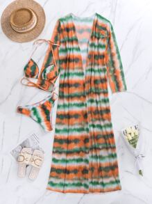 水洗印花露背三角型夏季沙灘比基尼套裝，搭配和服 - 彩色 - 查看 5