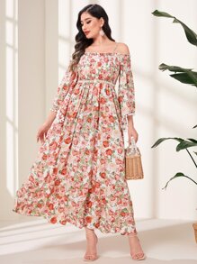 Modelyn 印花一字肩荷葉袖連衣裙 - 彩色 - 查看 5