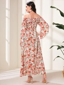 Modelyn 印花一字肩荷葉袖連衣裙 - 彩色 - 查看 2