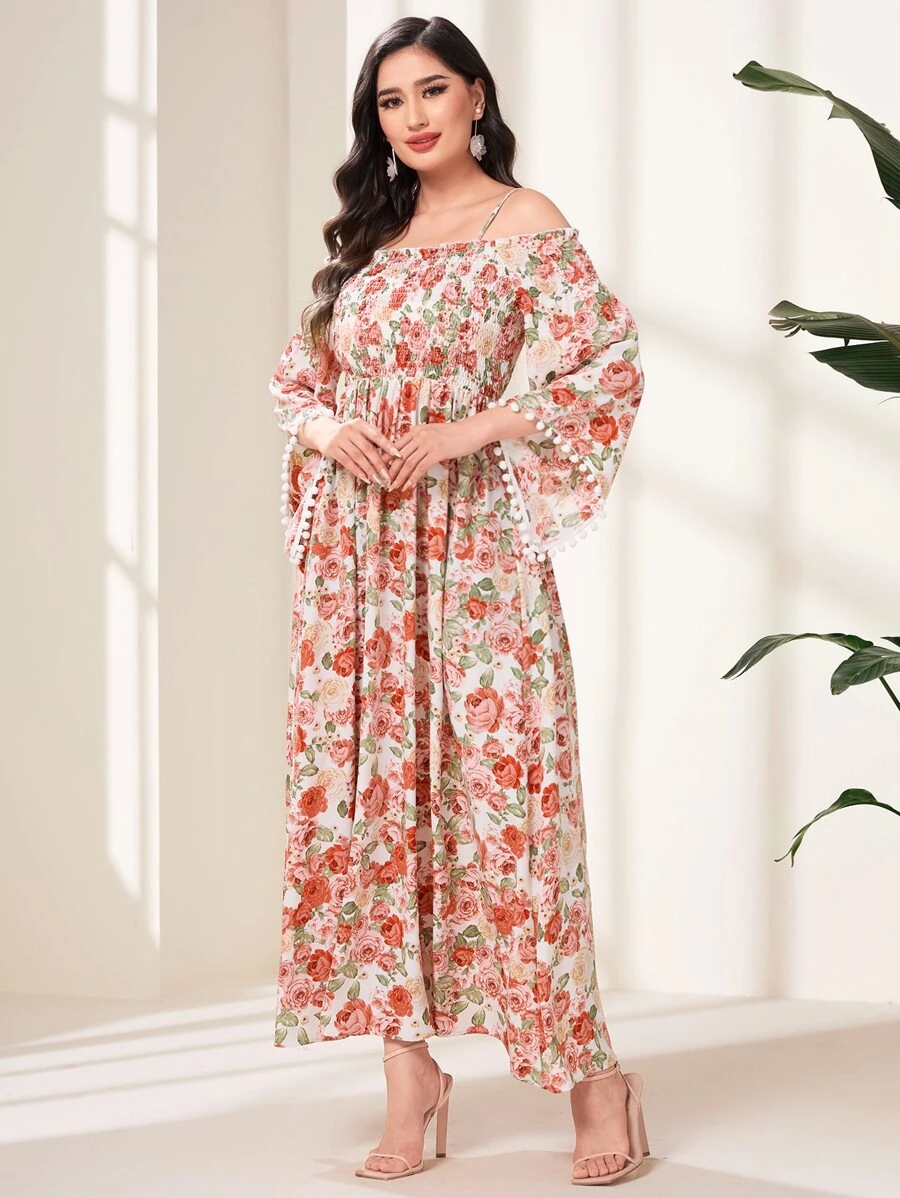 Modelyn 印花一字肩荷葉袖連衣裙 - 彩色 - 查看 1