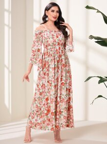 Modelyn 印花一字肩荷葉袖連衣裙 - 彩色 - 查看 3