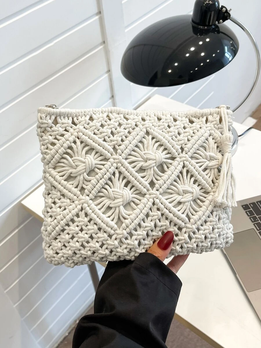 Minimalist Tassel Decor Crochet Bag - White - View 1