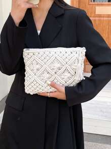 Minimalist Tassel Decor Crochet Bag - White - View 2