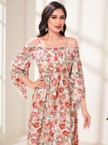 Modelyn 印花一字肩荷葉袖連衣裙 - 彩色 - 查看 4