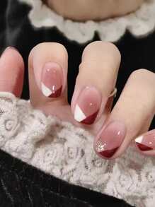 24pcs Short Oval Colorblock Fake Nail & 1pc Nail File & 1sheet Nail Tape - Multicolor - View 1