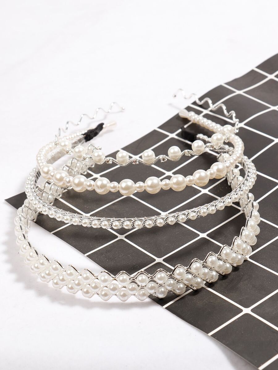 4pcs Faux Pearl & Rhinestone Decor Headband