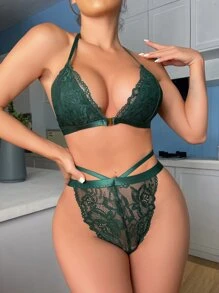 Set de lencería unicolor con encaje floral - Verde Oscuro - Ver 4