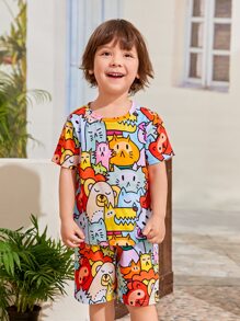 SHEIN 兒童卡通圖形短袖t恤和短褲 - 彩色 - 查看 3