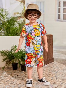 SHEIN 兒童卡通圖形短袖t恤和短褲 - 彩色 - 查看 4
