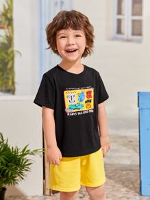 SHEIN 小男童卡通和字母圖案T恤和短褲