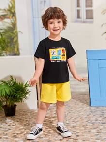 SHEIN 小男童卡通和字母圖案T恤和短褲