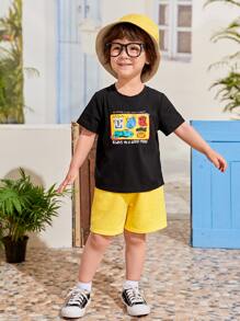SHEIN 小男童卡通和字母圖案T恤和短褲