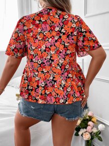 SHEIN Holidaya Áo sơ mi Plus Size Viên lá sen Thắt nơ trước Hoa Tất cả trên in Boho - Nhiều màu - Xem 2