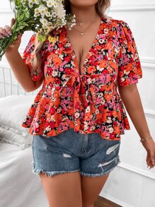 SHEIN Holidaya Áo sơ mi Plus Size Viên lá sen Thắt nơ trước Hoa Tất cả trên in Boho - Nhiều màu - Xem 4
