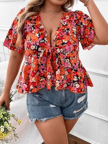 SHEIN Holidaya Áo sơ mi Plus Size Viên lá sen Thắt nơ trước Hoa Tất cả trên in Boho - Nhiều màu - Xem 6
