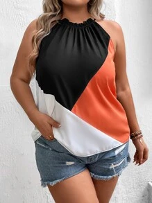 SHEIN LUNE Plus Colourblock Frill Trim Halter Top - Orange - View 4