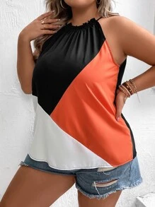SHEIN LUNE Plus Colourblock Frill Trim Halter Top - Orange - View 5
