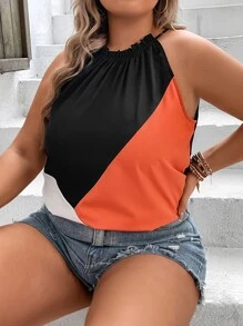SHEIN LUNE Plus Colourblock Frill Trim Halter Top - Orange - View 7