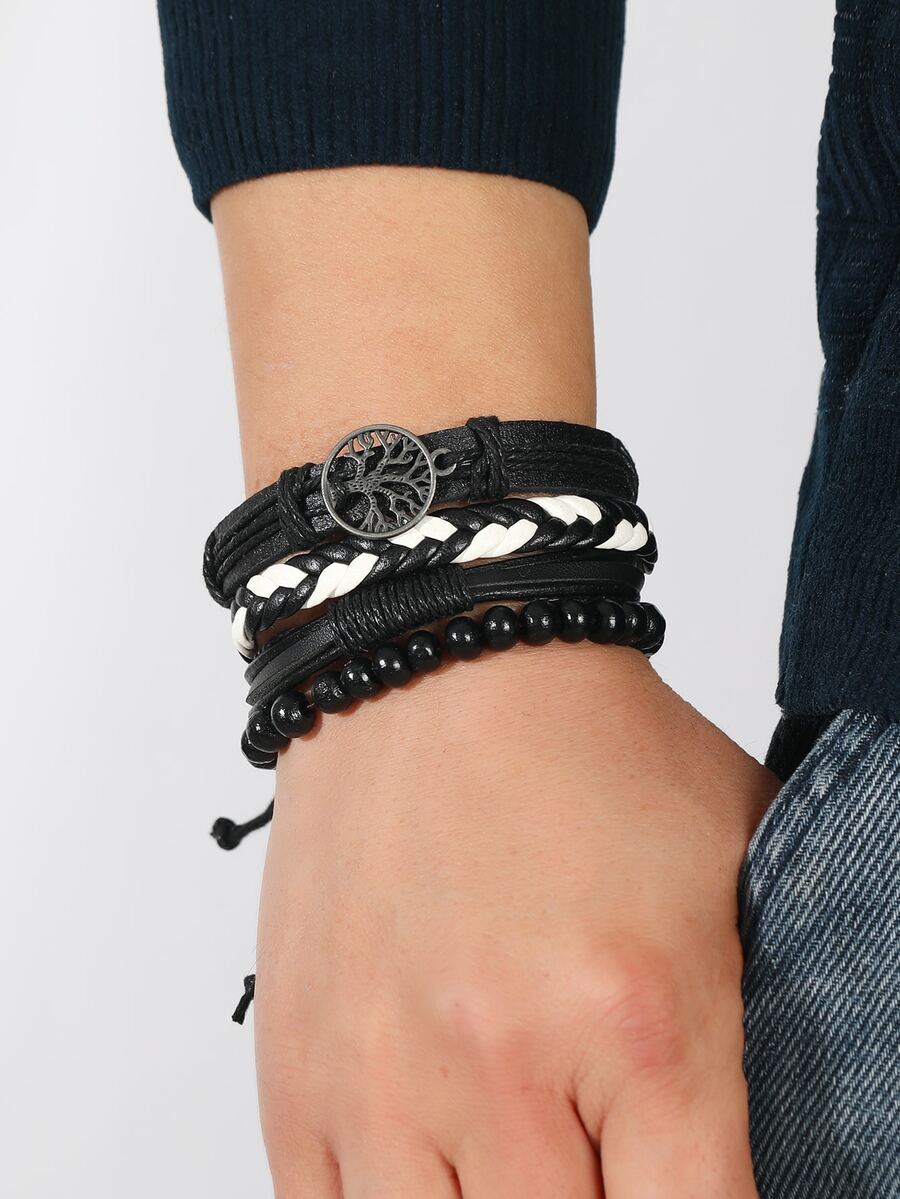 Hombres 3 piezas/set Pulsera con diseño de árbol - Blanco y Negro - Ver 1
