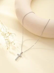 Rhinestone Cross Charm Necklace - Silver - View 5