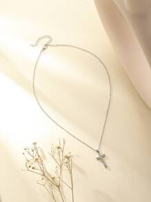 Rhinestone Cross Charm Necklace - Silver - View 2