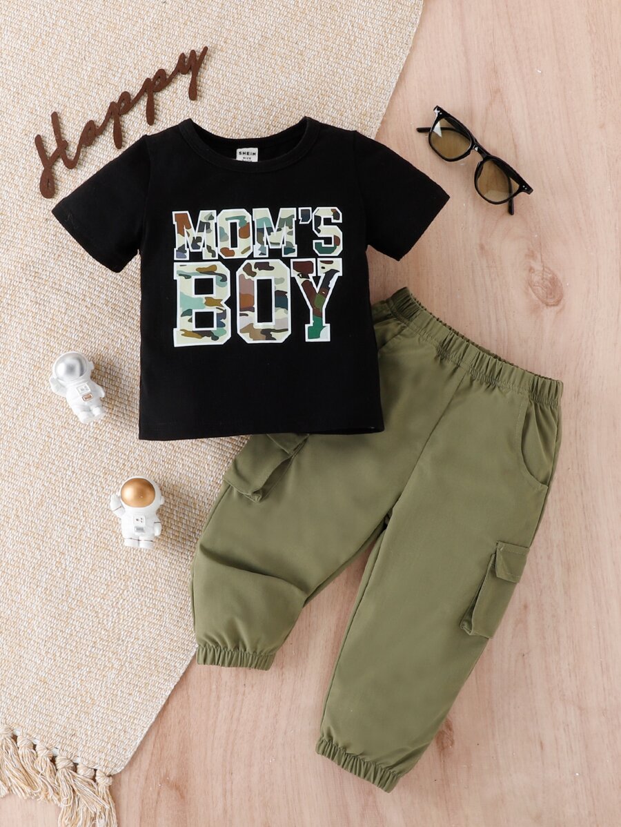 SHEIN Đứa bé trai Camo Đồ họa Chữ cái Áo thun & Túi có nắp Quần Cargo - Nhiều màu - Xem 1