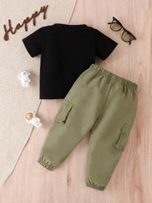 SHEIN Đứa bé trai Camo Đồ họa Chữ cái Áo thun & Túi có nắp Quần Cargo - Nhiều màu - Xem 2
