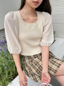 DAZY Contrast Mesh Puff Sleeve Square Neck Knit Top - Beige - View 1