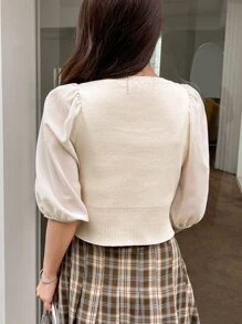 DAZY Contrast Mesh Puff Sleeve Square Neck Knit Top - Beige - View 2