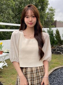 DAZY Contrast Mesh Puff Sleeve Square Neck Knit Top - Beige - View 3