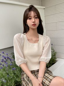 DAZY Contrast Mesh Puff Sleeve Square Neck Knit Top - Beige - View 5