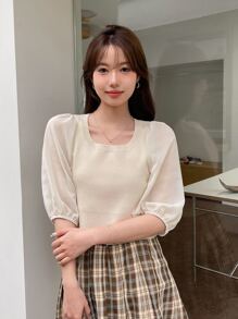 DAZY Contrast Mesh Puff Sleeve Square Neck Knit Top - Beige - View 6