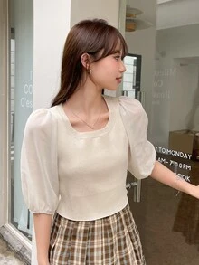 DAZY Contrast Mesh Puff Sleeve Square Neck Knit Top - Beige - View 7