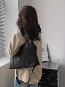 Bolso shopper con decoración de parche de letras - Negro - Ver 2