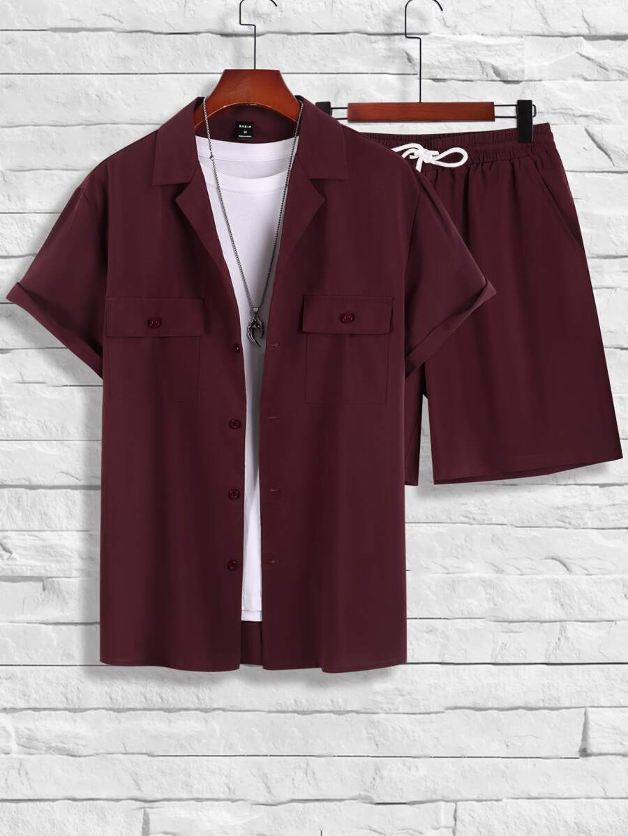 Manfinity Homme Bộ hai mảnh Nam Dây kéo Nút phía trước màu trơn Giải trí - Màu Đỏ Sâu - Xem 1