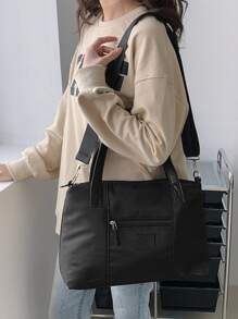 Bolso shopper con decoración de parche de letras - Negro - Ver 5