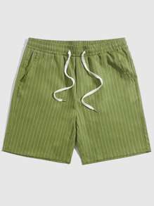 Manfinity RelaxMax Hombres Shorts de rayas de cintura con cordón - Verde militar - Ver 1