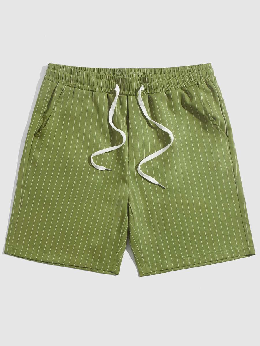 Manfinity RelaxMax Hombres Shorts de rayas de cintura con cordón - Verde militar - Ver 1